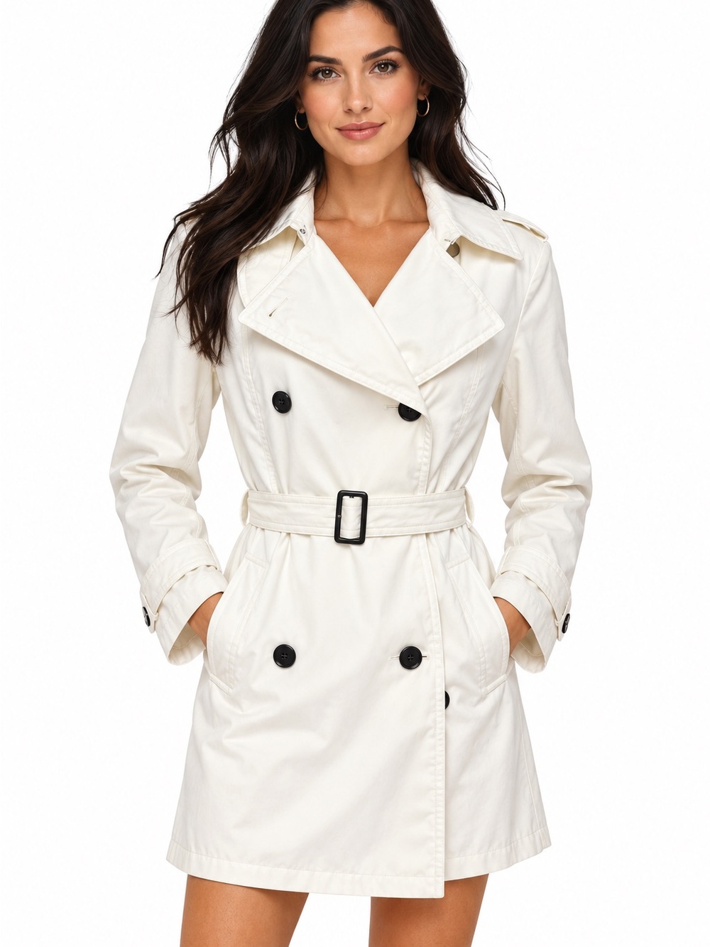 Anne Klein White Double-Breasted Trench Coat Belt Cotton Blend